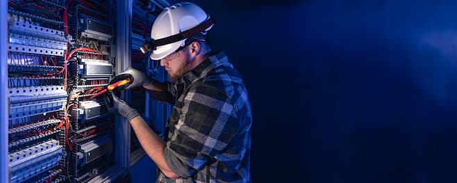 Elektriker arbetar med elcentral